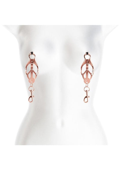 Bound Nipple Clamps C3 - Metal/Rose Gold Clover-shaped nipple clamps with pull-to-tighten design, nickel-free metal, and silicone tips for intense stimulation.
 Keywords: clover nipple clamps, pull-tight nipple clamps, nickel-free BDSM clamps, intense nipple play, silicone-tipped clamps, advanced nipple clamps, BDSM accessories, rose gold clamps, gunmetal nipple clamps, luxury nipple play tools.