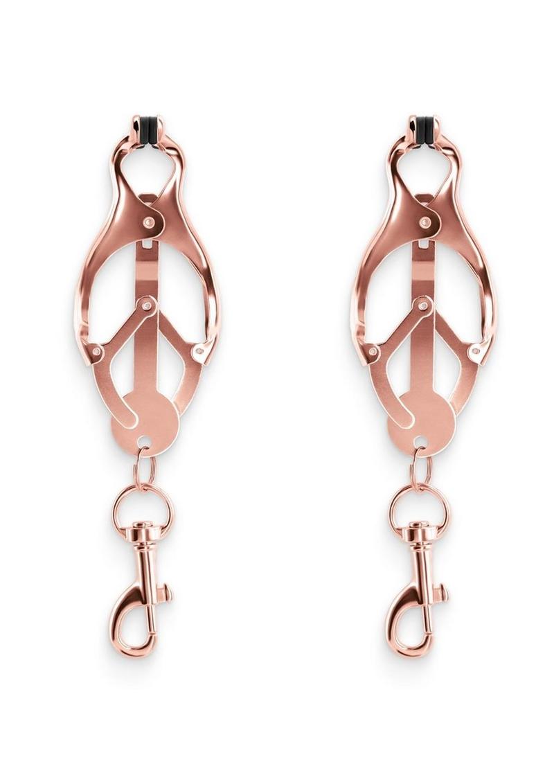 Bound Nipple Clamps C3 - Metal/Rose Gold Clover-shaped nipple clamps with pull-to-tighten design, nickel-free metal, and silicone tips for intense stimulation.
 Keywords: clover nipple clamps, pull-tight nipple clamps, nickel-free BDSM clamps, intense nipple play, silicone-tipped clamps, advanced nipple clamps, BDSM accessories, rose gold clamps, gunmetal nipple clamps, luxury nipple play tools.