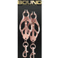 Clover-shaped nipple clamps with pull-to-tighten design, nickel-free metal, and silicone tips for intense stimulation.
 Keywords: clover nipple clamps, pull-tight nipple clamps, nickel-free BDSM clamps, intense nipple play, silicone-tipped clamps, advanced nipple clamps, BDSM accessories, rose gold clamps, gunmetal nipple clamps, luxury nipple play tools.