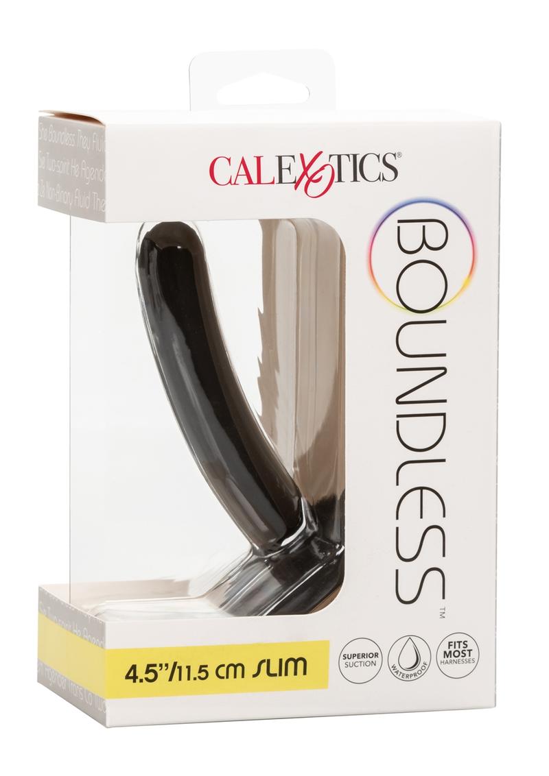 Black 4.5-inch slim silicone probe with suction cup; body-safe, waterproof, and harness compatible. Keywords: Boundless slim probe, 4.5-inch probe, silicone anal toy, waterproof probe, harness compatible probe, phthalate-free silicone toy, black slim probe, anal stimulation toy, P-spot stimulator, prostate massager, flexible suction cup probe, internal stimulation toy