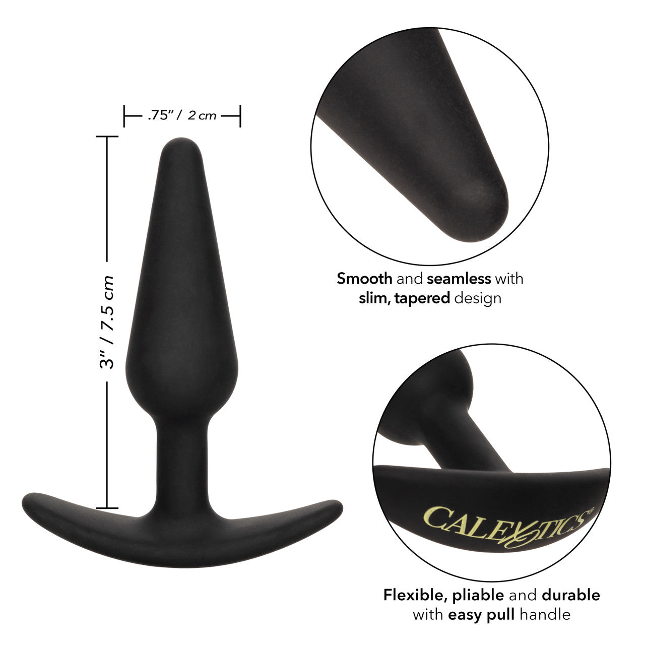 Close-up image of the Boundless® Slim Plug by CalExotics, featuring a smooth, black, silicone anal plug with a slim, tapered design. The plug is shown with measurements: 3 inches (7.5 cm) in length and 0.75 inches (2 cm) in width. The design highlights a flexible, seamless body and a flared, easy-pull handle for comfortable insertion and removal. The annotations emphasize its smooth and seamless structure, flexible durability, and user-friendly handle.