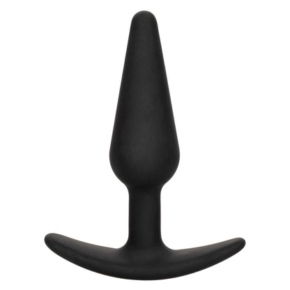 Black silicone anal plug product with pointed end and curved base