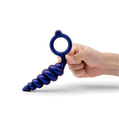 A set of three graduated silicone anal plugs in varying textures and sizes, featuring smooth, beaded designs in black, blue, and metallic purple. Each plug has a retrieval ring for easy handling and removal, and the plugs are displayed upright to highlight their unique shapes.