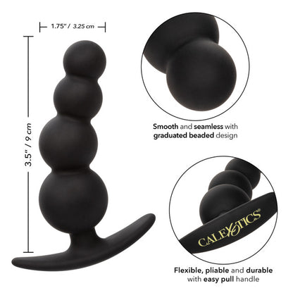 Close-up of the Boundless® Beaded Plug by CalExotics, showing its smooth, seamless, graduated beaded design and flexible, durable structure with an easy pull handle. Dimensions included: 3.5 inches (9 cm) in length and 1.75 inches (3.25 cm) in width.