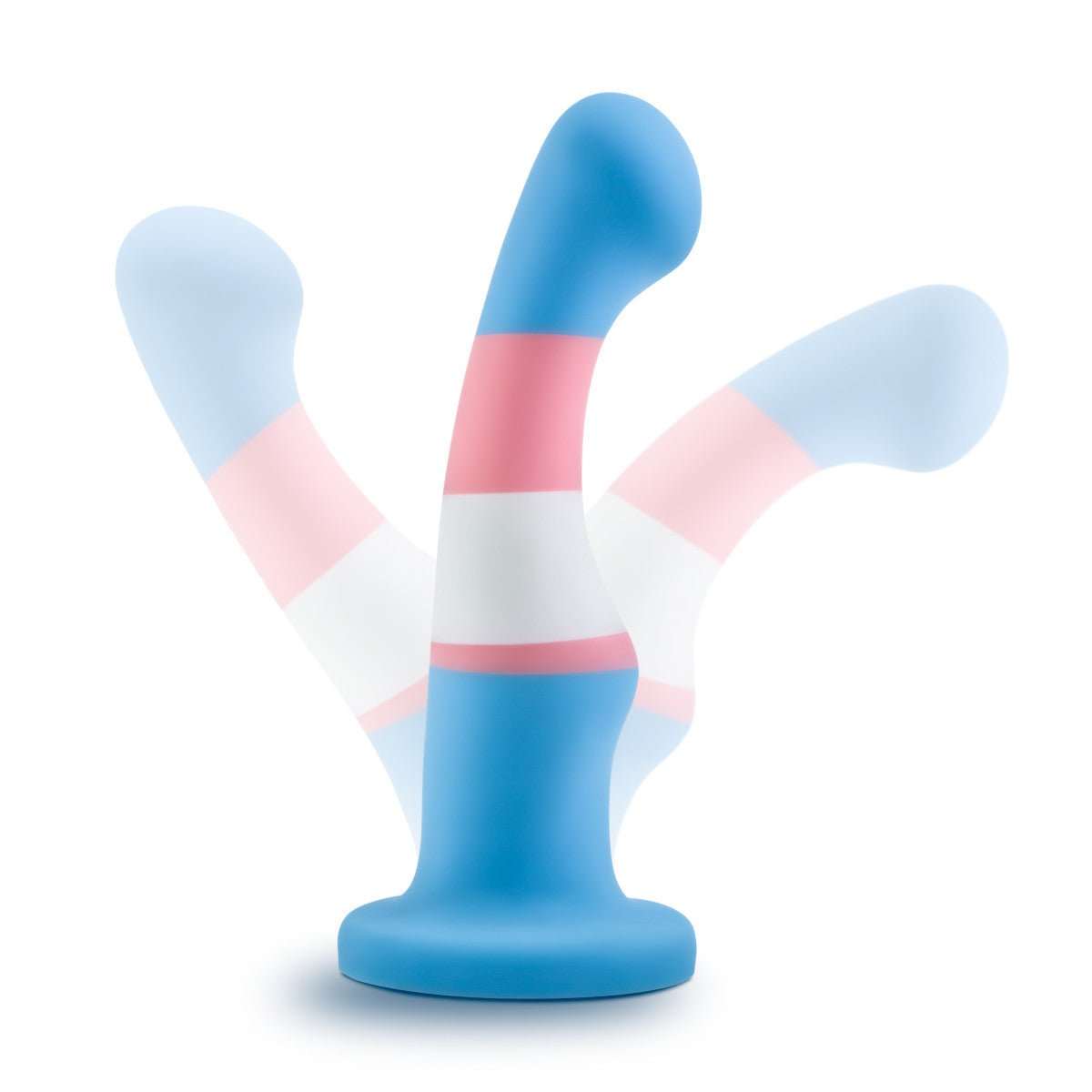 Trans pride flag-colored silicone dildo with a curved shaft, suction base, and smooth finish for G-spot or P-spot stimulation. Keywords: trans pride dildo, Avant dildo, G-spot dildo, P-spot dildo, suction cup dildo, harness-compatible dildo, body-safe silicone dildo, Purio silicone, colorful pride dildo, artisan-crafted dildo.