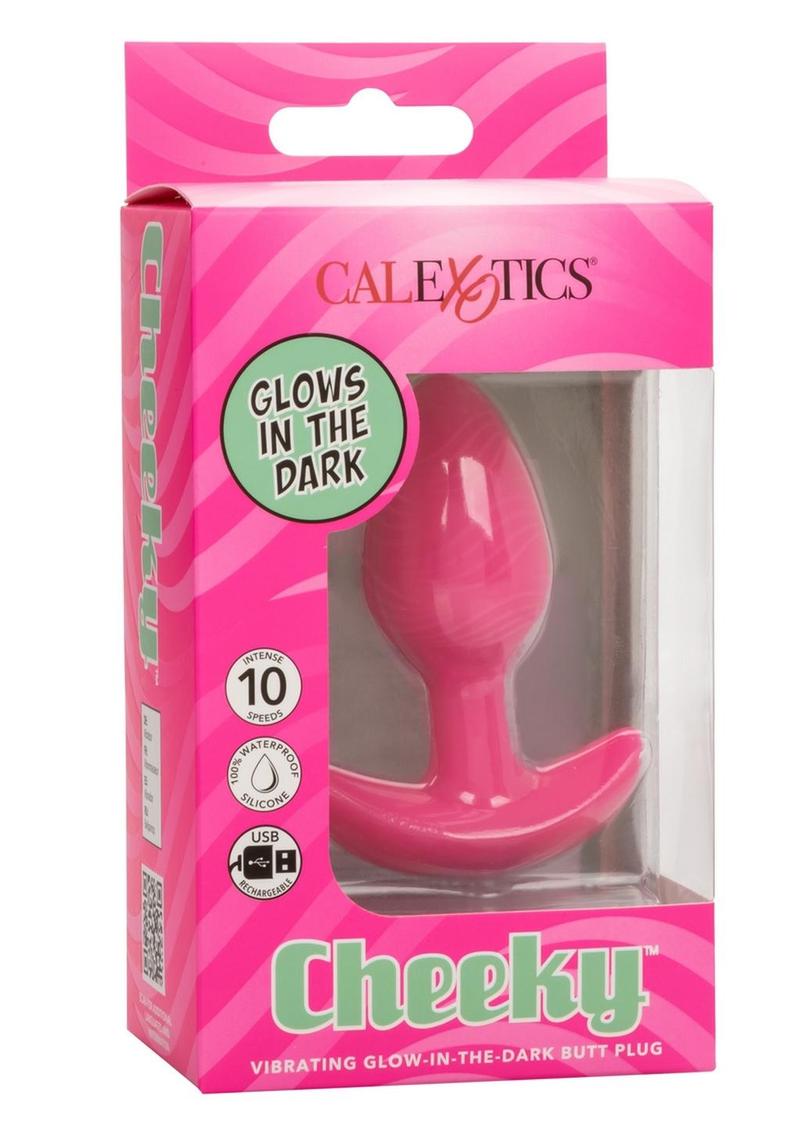 Cheeky Rechargeable Silicone Glow In The Dark Anal Butt Plug featuring 10 vibration speeds and a textured design for enhanced sensations. Waterproof (IPX7), USB rechargeable, and travel-friendly with a secure lock. Insertable length: 3.5 inches. Perfect for adventurous play!