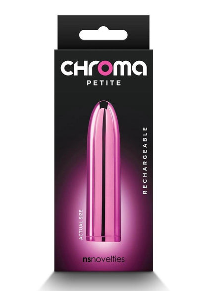 Chroma Petite sleek rechargeable vibrator with multi-speeds, water-resistant design, and vibrant colors. Keywords: Chroma Petite Vibrator, sleek rechargeable vibrator, water-resistant vibrator, colorful ABS vibrator, travel-friendly slim vibe, multi-speed vibrator, elegant metallic pink vibrator, rainbow vibrator, teal vibrator, discreet pleasure toy.