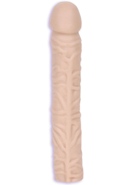 Classic Dildo - Flesh/Vanilla - 10in Doc Johnson Classic 10-Inch Dong in body-safe PVC with lifelike veined design, available in Black and White. Keywords: realistic large dong, lifelike veined dildo, phthalate-free dildo, Sil-A-Gel formula, G-spot stimulation, P-spot massage, anal-safe dildo, vaginal-safe dong, body-safe PVC dong, large realistic dong.