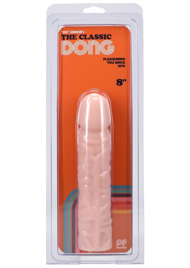 Classic Dildo - Vanilla - 8in Doc Johnson Classic 10-Inch Dong in body-safe PVC with lifelike veined design, available in Black and White. Keywords: realistic large dong, lifelike veined dildo, phthalate-free dildo, Sil-A-Gel formula, G-spot stimulation, P-spot massage, anal-safe dildo, vaginal-safe dong, body-safe PVC dong, large realistic dong.