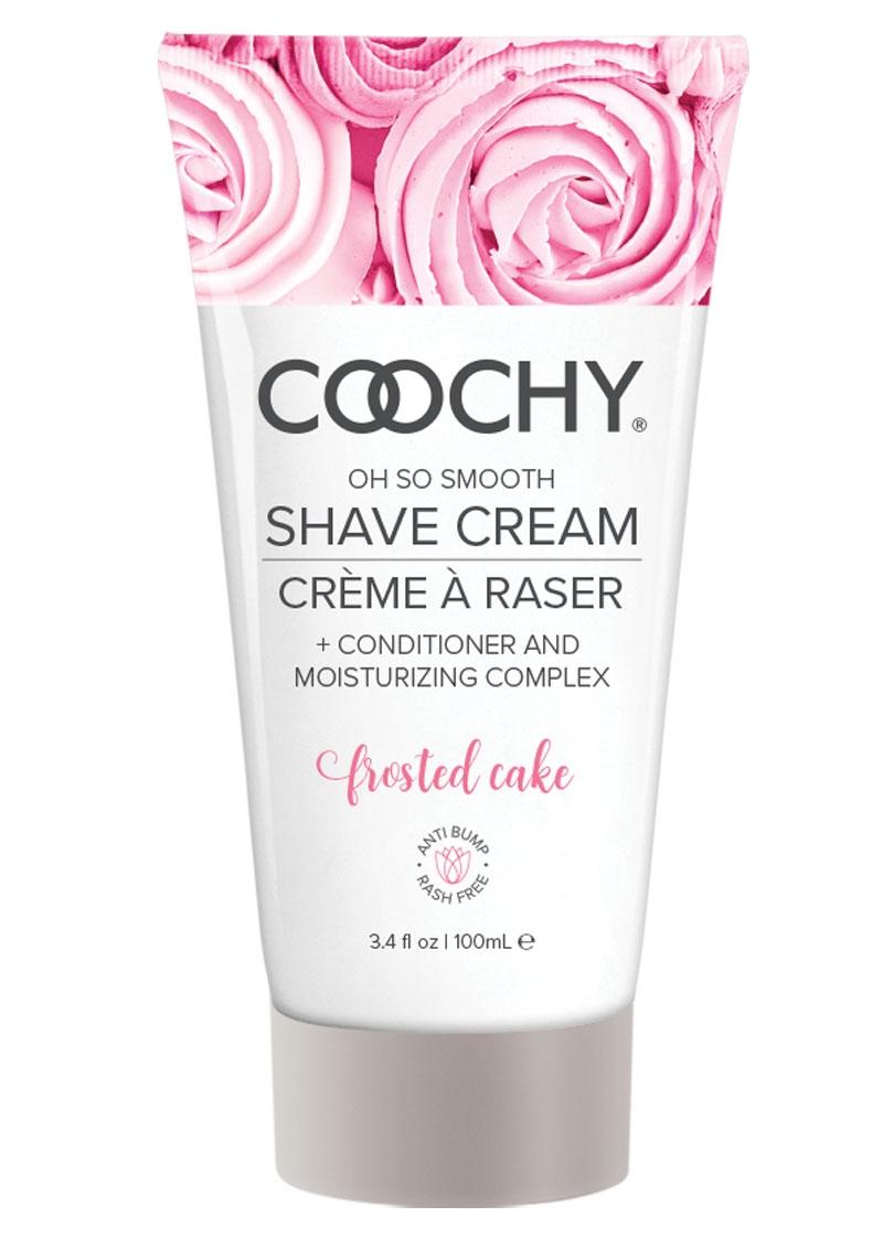 Coochy Shave Cream Frosted Cake - 3.4oz  Coochy Frosted Cake shave cream with vanilla, buttercream, and lilac scent, rash-free formula for sensitive skin, doubles as a hair conditioner. Keywords: shave cream, vanilla buttercream shave cream, rash-free shaving cream, sensitive skin shave cream, gluten-free shaving cream, paraben-free shave cream, hair conditioner shave cream, Coochy Classic Brands, smooth skin shaving solution, scented shave cream for women and men.