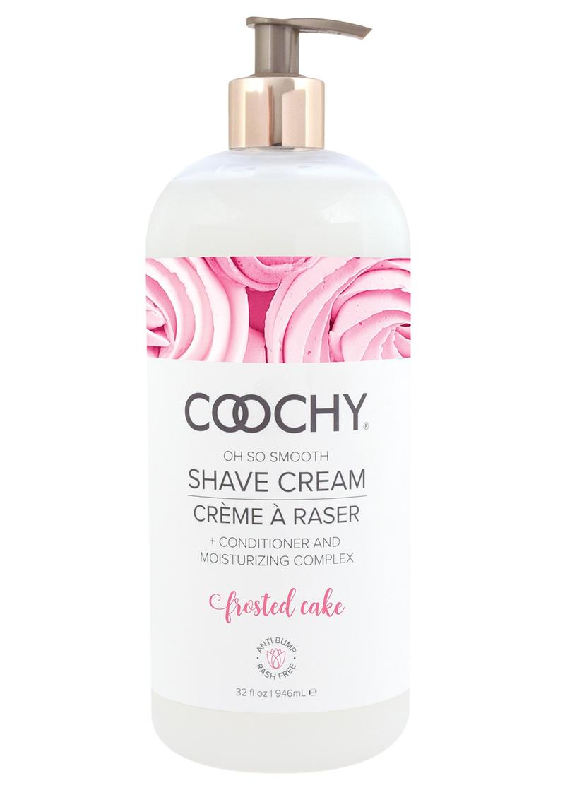 Coochy Shave Cream Frosted Cake - 32oz  Coochy Frosted Cake shave cream with vanilla, buttercream, and lilac scent, rash-free formula for sensitive skin, doubles as a hair conditioner. Keywords: shave cream, vanilla buttercream shave cream, rash-free shaving cream, sensitive skin shave cream, gluten-free shaving cream, paraben-free shave cream, hair conditioner shave cream, Coochy Classic Brands, smooth skin shaving solution, scented shave cream for women and men.