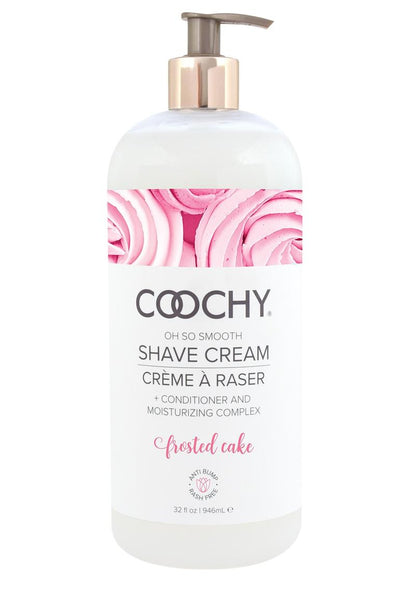 Coochy Shave Cream Frosted Cake - 32oz  Coochy Frosted Cake shave cream with vanilla, buttercream, and lilac scent, rash-free formula for sensitive skin, doubles as a hair conditioner. Keywords: shave cream, vanilla buttercream shave cream, rash-free shaving cream, sensitive skin shave cream, gluten-free shaving cream, paraben-free shave cream, hair conditioner shave cream, Coochy Classic Brands, smooth skin shaving solution, scented shave cream for women and men.