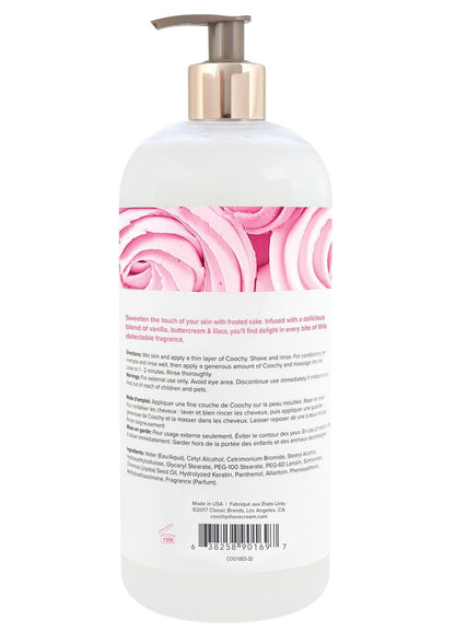 Coochy Shave Cream Frosted Cake - 32oz  Coochy Frosted Cake shave cream with vanilla, buttercream, and lilac scent, rash-free formula for sensitive skin, doubles as a hair conditioner. Keywords: shave cream, vanilla buttercream shave cream, rash-free shaving cream, sensitive skin shave cream, gluten-free shaving cream, paraben-free shave cream, hair conditioner shave cream, Coochy Classic Brands, smooth skin shaving solution, scented shave cream for women and men.