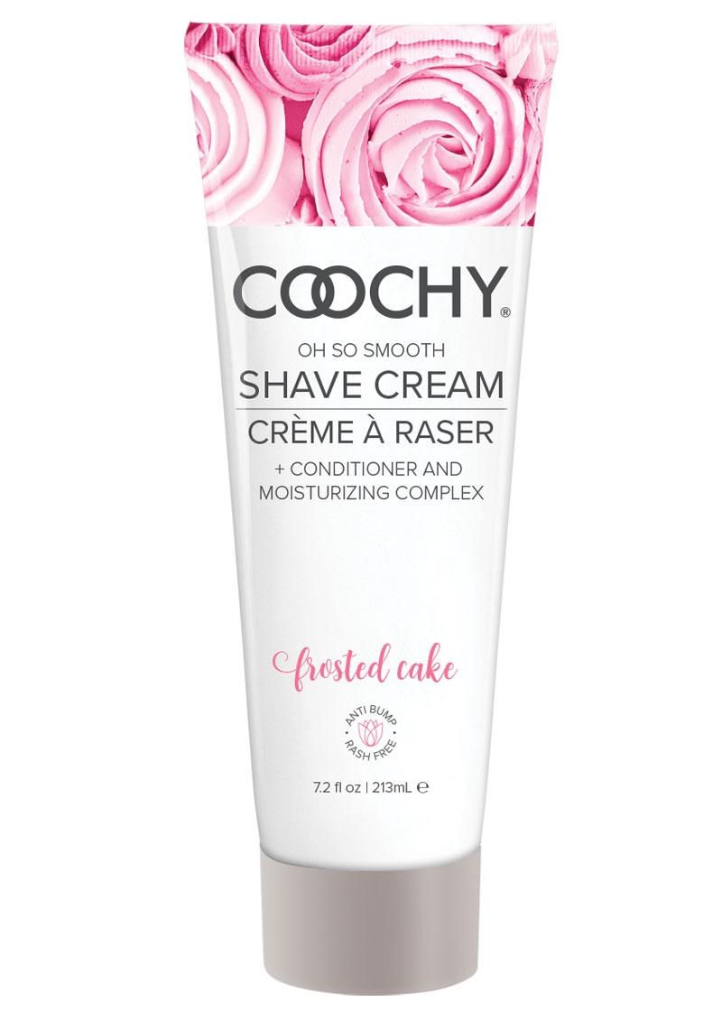 Coochy Shave Cream Frosted Cake - 7.2oz  Coochy Frosted Cake shave cream with vanilla, buttercream, and lilac scent, rash-free formula for sensitive skin, doubles as a hair conditioner. Keywords: shave cream, vanilla buttercream shave cream, rash-free shaving cream, sensitive skin shave cream, gluten-free shaving cream, paraben-free shave cream, hair conditioner shave cream, Coochy Classic Brands, smooth skin shaving solution, scented shave cream for women and men.