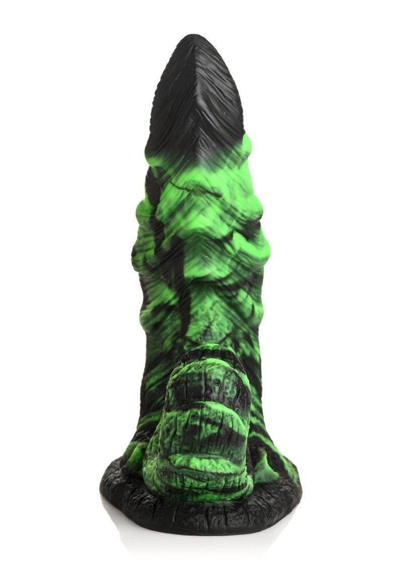 Glow-in-the-dark silicone dildo with curved shaft, ribbed texture, and suction cup base.

glow-in-the-dark dildo, fantasy silicone dildo, ribbed dildo, curved monster dildo, scaly dildo, suction cup dildo, harness-compatible dildo, premium silicone toy, creature cock fantasy toy