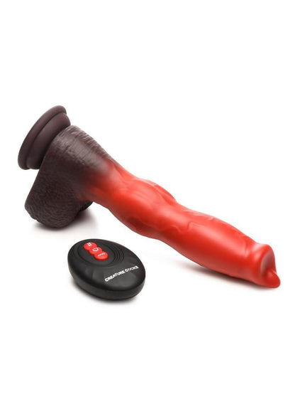 Thrusting and vibrating red canine dildo with knot, suction cup base, and remote control.

canine dildo, thrusting and vibrating dildo, Ramming Hound dildo, fantasy silicone dildo, suction cup dildo, remote-controlled dildo, waterproof silicone toy, rechargeable canine dildo, premium fantasy dildo, knot dildo