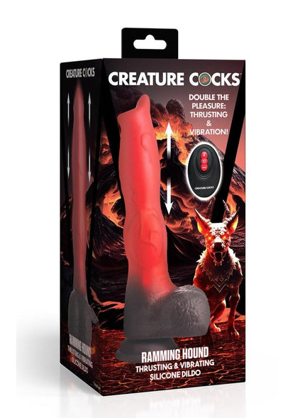 Thrusting and vibrating red canine dildo with knot, suction cup base, and remote control.

canine dildo, thrusting and vibrating dildo, Ramming Hound dildo, fantasy silicone dildo, suction cup dildo, remote-controlled dildo, waterproof silicone toy, rechargeable canine dildo, premium fantasy dildo, knot dildo