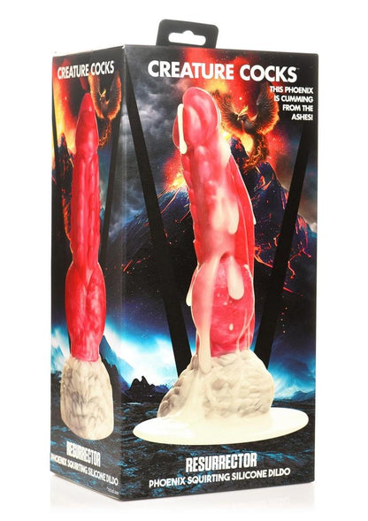 Red and white phoenix squirting dildo with textured shaft, knotted base, suction cup, and a syringe for explosive fluid play.

phoenix squirting dildo, fantasy dildo, mythical dildo, squirting silicone dildo, knotted dildo, suction cup dildo, strap-on compatible dildo, premium body-safe silicone, textured fantasy dildo, Resurrector Phoenix sex toy