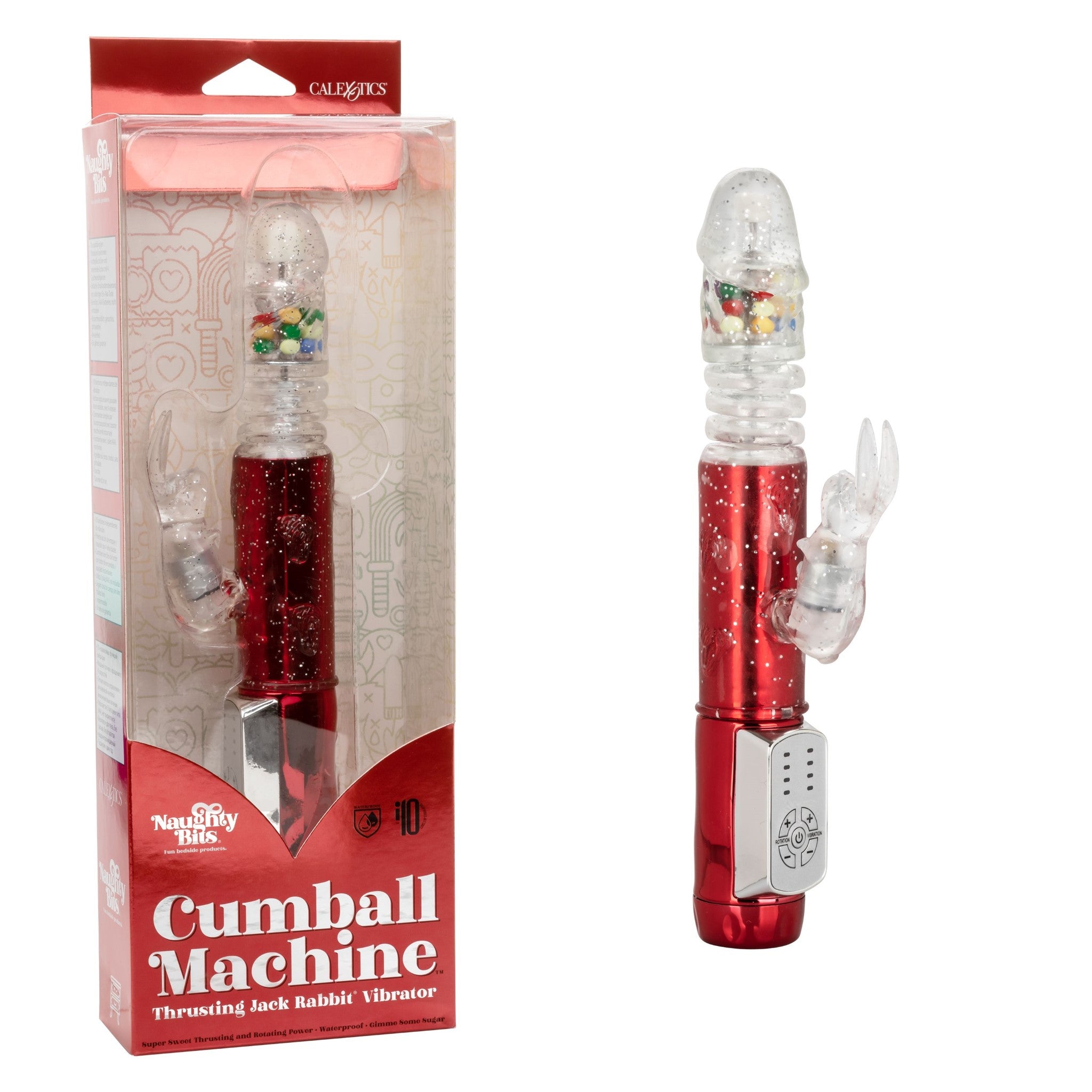 Red metallic rabbit vibrator with thrusting shaft, gum ball accents, and 10 vibration functions featuring a flickering rabbit teaser.
Keywords: thrusting rabbit vibrator, 4-speed vibrator, 10-function rabbit vibe, waterproof thrusting vibrator, Naughty Bits collection, metallic red rabbit vibrator, flickering bunny vibrator, synchronized rotating bead vibrator, customizable rabbit vibrator.