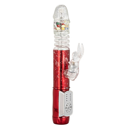 Red metallic rabbit vibrator with thrusting shaft, gum ball accents, and 10 vibration functions featuring a flickering rabbit teaser.
Keywords: thrusting rabbit vibrator, 4-speed vibrator, 10-function rabbit vibe, waterproof thrusting vibrator, Naughty Bits collection, metallic red rabbit vibrator, flickering bunny vibrator, synchronized rotating bead vibrator, customizable rabbit vibrator.