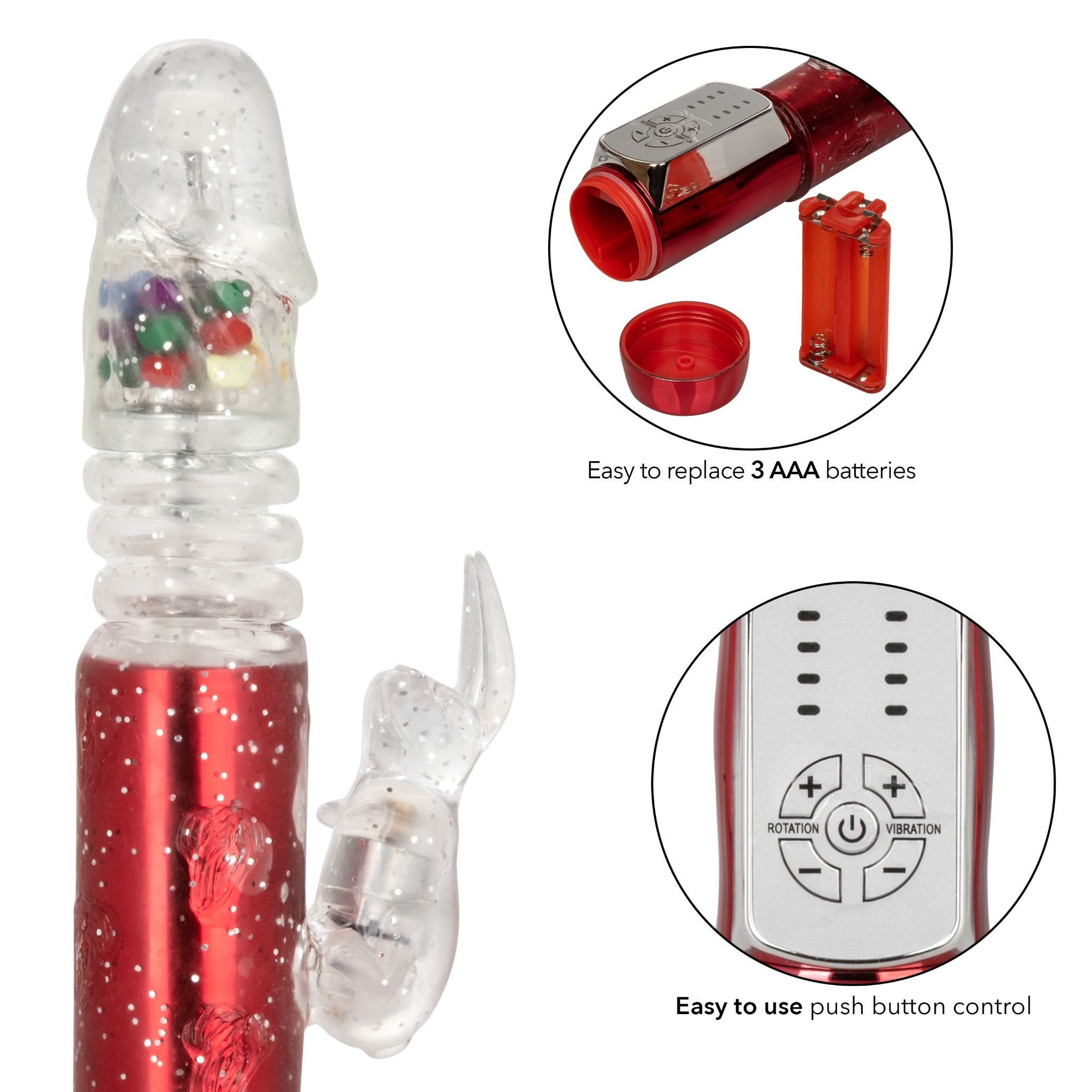 Red metallic rabbit vibrator with thrusting shaft, gum ball accents, and 10 vibration functions featuring a flickering rabbit teaser.
Keywords: thrusting rabbit vibrator, 4-speed vibrator, 10-function rabbit vibe, waterproof thrusting vibrator, Naughty Bits collection, metallic red rabbit vibrator, flickering bunny vibrator, synchronized rotating bead vibrator, customizable rabbit vibrator.