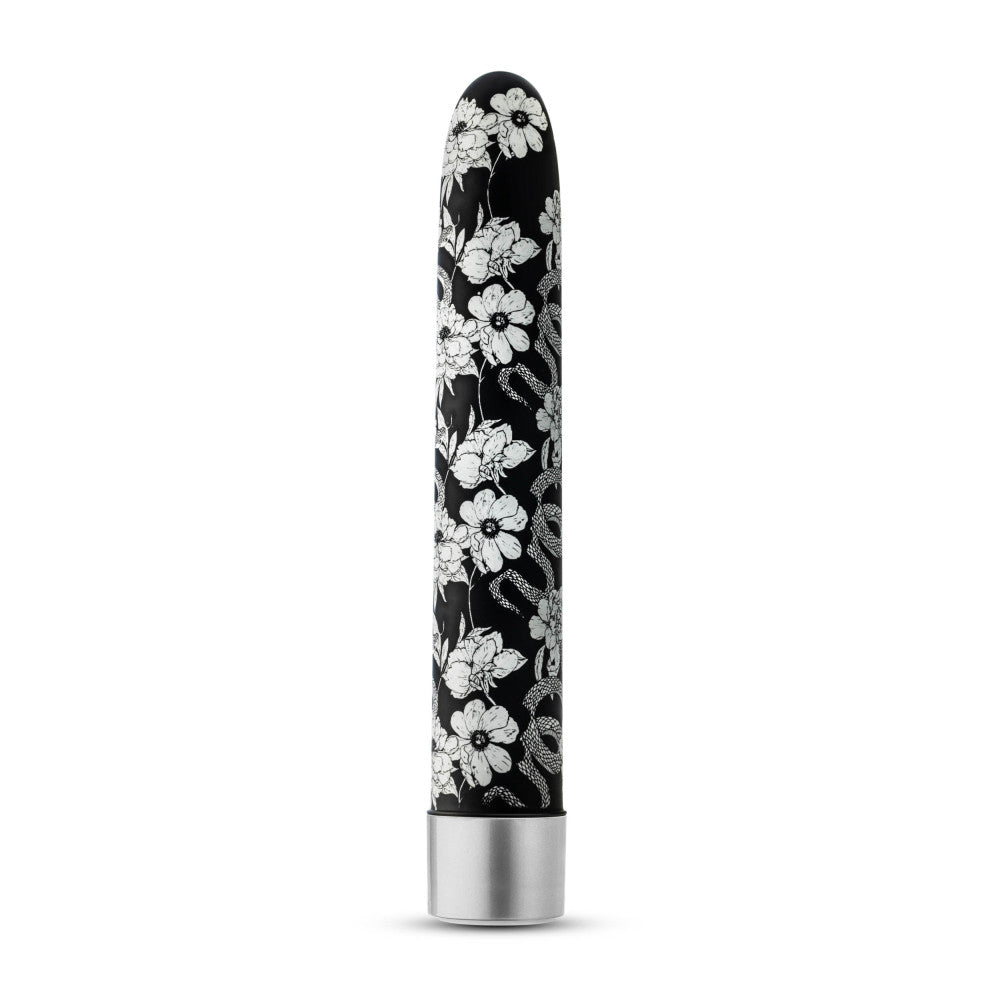 Black slimline vibrator with a white floral pattern, featuring RumbleTech™ vibrations, USB charging, and waterproof functionality.
Keywords: slimline vibrator, floral vibrator, black vibrator, RumbleTech vibrator, USB rechargeable vibrator, waterproof sex toy, elegant vibrator, body-safe sex toy, customizable vibrator, luxury adult toy.