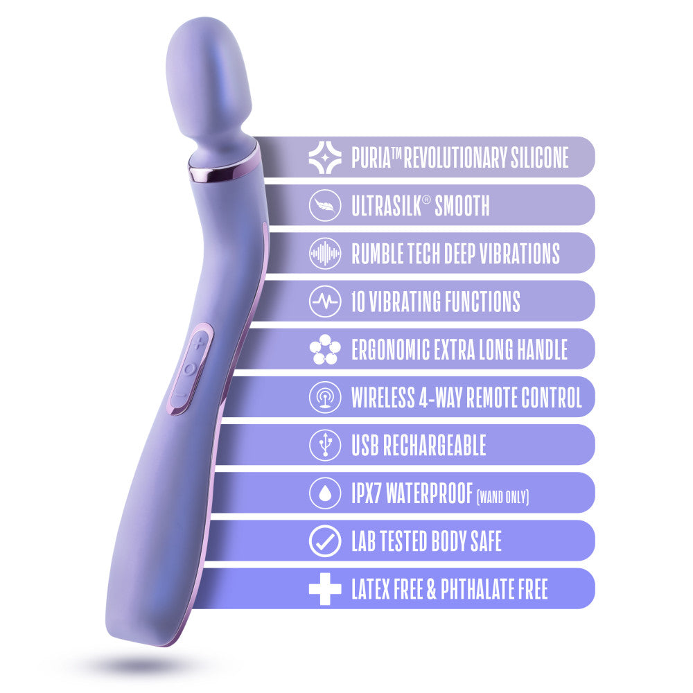 Purple ergonomic massage wand featuring RumbleTech™ vibrations, long handle, and smooth silicone design with a remote control.Keywords: massage wand, RumbleTech wand, ergonomic vibrator, lavender wand, remote control vibrator, waterproof wand, Puria silicone wand, self-care massage wand, rechargeable vibrator, deep tissue massage wand.