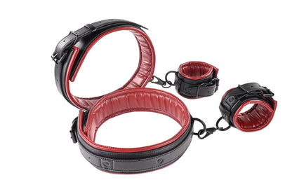 Saffron Thigh and Wrist Cuff Set in black and red faux leather, perfect for versatile restraint play. Keywords: Saffron Thigh and Wrist Cuff Set, faux leather cuffs, adjustable BDSM restraints, thigh and wrist cuffs, bondage restraint set, Sportsheets cuffs, BDSM accessories, kink restraint kit, bondage toys for couples, BDSM positioning restraints.