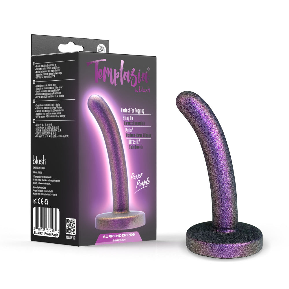 A shimmering purple strap-on-compatible dildo with a curved design, made from body-safe silicone for comfortable, beginner-friendly play.
Keywords: Temptasia Surrender Peg, beginner pegging dildo, harness compatible, Puria silicone dildo, UltraSilk finish, G-spot stimulation, strap-on play, purple dildo, body-safe silicone, slim dildo, beginner-friendly dildo