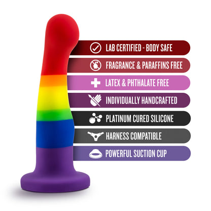 Rainbow-colored silicone dildo with a curved design, suction cup base, and smooth finish, ideal for G-spot stimulation and harness play.
Keywords: rainbow pride dildo, Avant P1 dildo, G-spot dildo, suction cup dildo, harness-compatible dildo, body-safe silicone dildo, Purio silicone, pride-themed sex toy, colorful silicone dildo, artisan-crafted dildo.