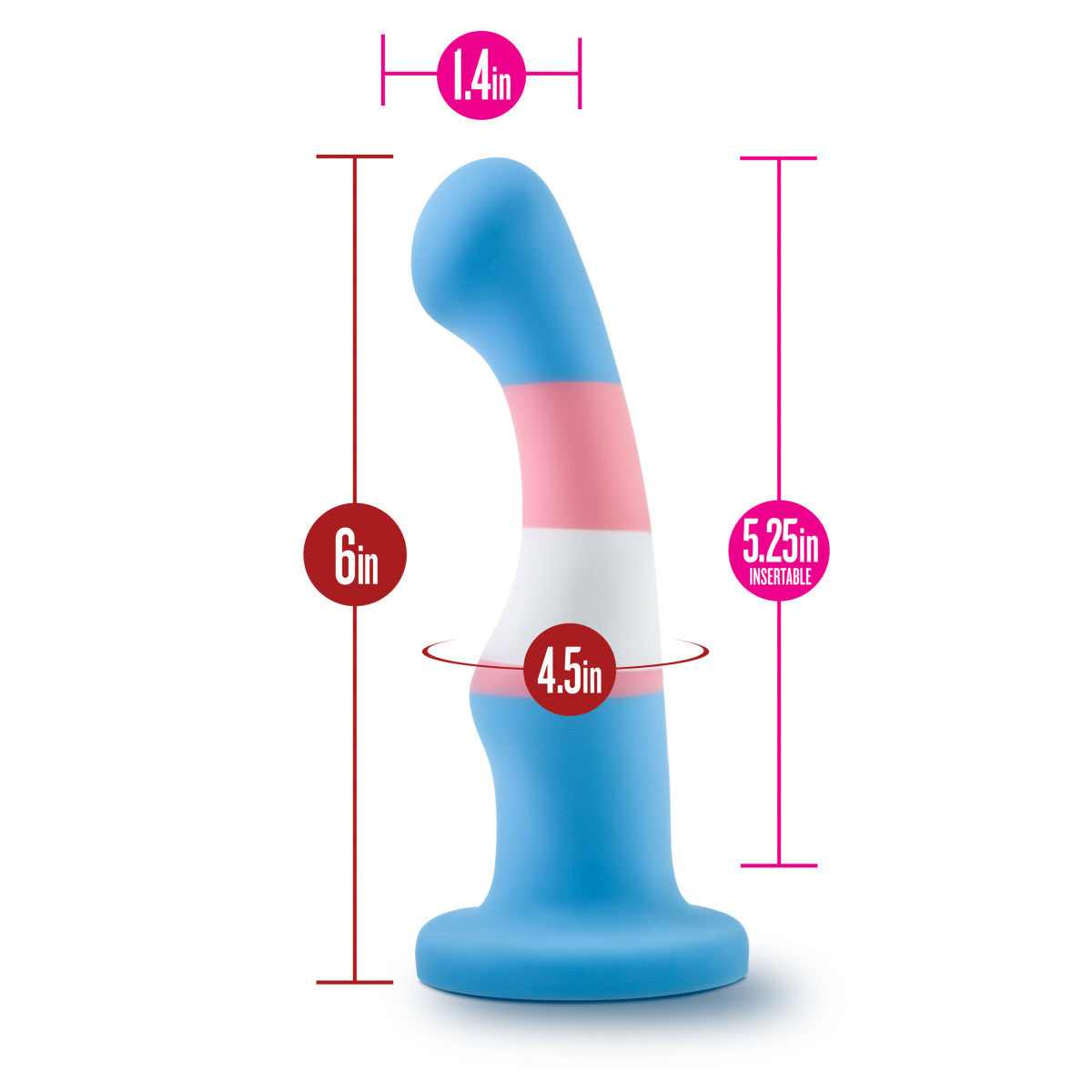 Trans pride flag-colored silicone dildo with a curved shaft, suction base, and smooth finish for G-spot or P-spot stimulation. Keywords: trans pride dildo, Avant dildo, G-spot dildo, P-spot dildo, suction cup dildo, harness-compatible dildo, body-safe silicone dildo, Purio silicone, colorful pride dildo, artisan-crafted dildo.