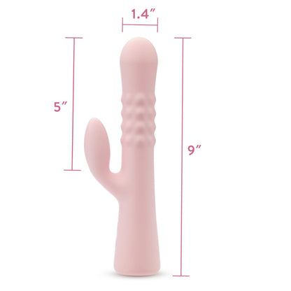 Pink rabbit vibrator with pulsating textured shaft, dual stimulation, and waterproof silicone design for G-spot and clitoral pleasure.
Keywords: rabbit vibrator, Jaymie vibrator, pulsating shaft, G-spot vibrator, clitoral stimulation, dual-stimulation vibrator, waterproof vibrator, USB rechargeable, platinum-cured silicone, soft silicone vibrator, expanding shaft, body-safe vibrator, 9.25-inch vibrator