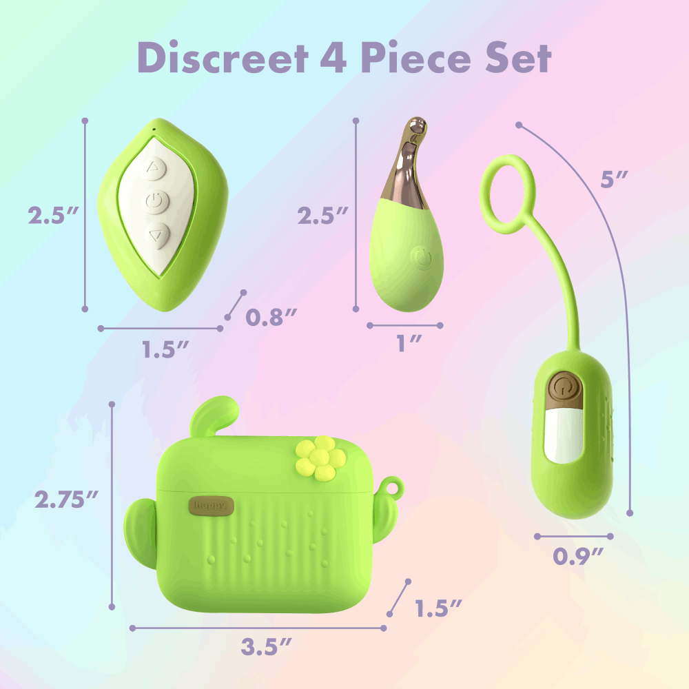 Green 4-piece vibrator set with mini wand, vibrating egg, wireless remote, and USB charging case for travel-friendly pleasure.
Keywords: vibrator set, mini wand vibrator, vibrating egg, remote control egg, USB charging case, travel-friendly vibrator, pinpoint stimulation, 12 vibration modes, body-safe silicone, phthalate-free, compact pleasure set, Blooming Bliss, wireless vibrator