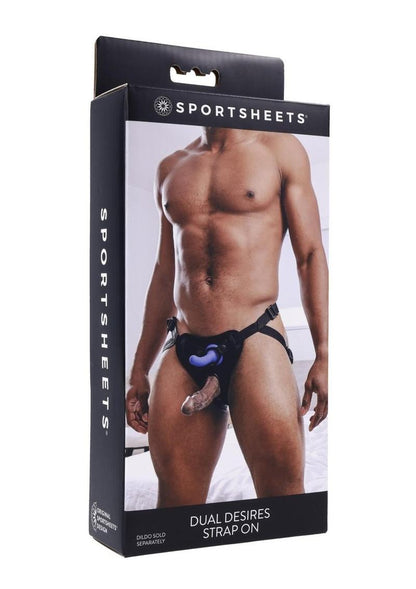 Sportsheets Dual Desires Strap-On Harness with dual O-rings, neoprene padding, and adjustable straps for dual penetration and customizable pleasure.

Dual Desires Strap-On Harness, dual penetration harness, adjustable strap-on harness, neoprene padded strap-on, flared-base dildo harness, 60-inch hips strap-on, customizable O-ring harness, double penetration harness, Sportsheets strap-on, harness for deeper pleasure.