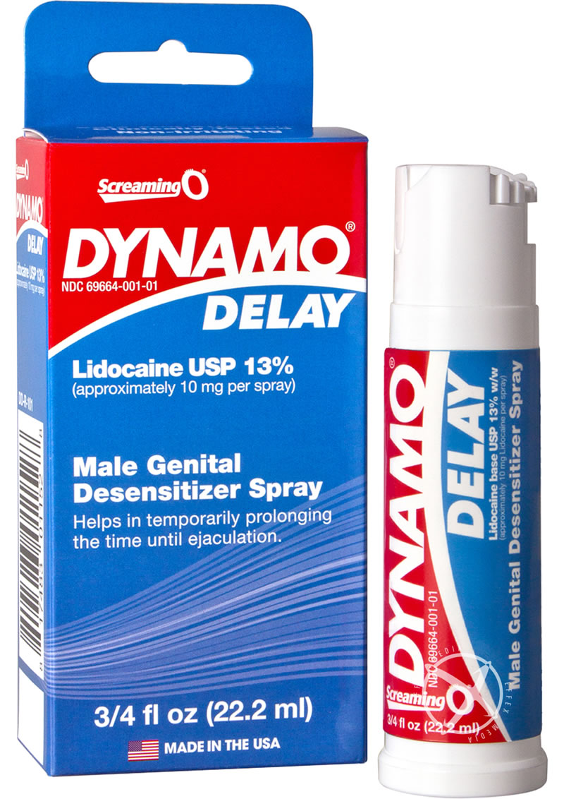 Dynamo Delay Spray Singles - .75 Ounce Dynamo Delay Lidocaine Spray for men, prolongs intimacy, clinically tested, fast-acting, non-irritating.
Keywords: Dynamo Delay spray, lidocaine delay spray, climax control spray, prolong intimacy, male desensitizer, delay ejaculation spray, lidocaine 13% spray, performance enhancement spray, fast-acting delay spray, FDA-registered delay spray, prolong pleasure.