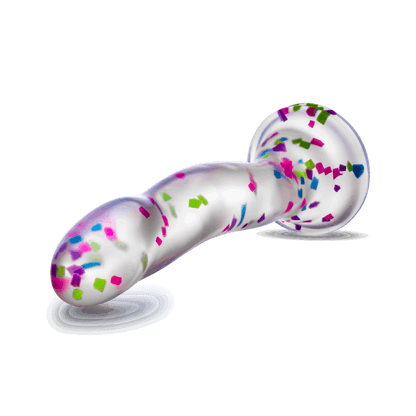 Glow-in-the-dark dildo with neon confetti, crafted from body-safe Purio™ silicone, featuring a curved design, suction base, and playful visual appeal. 
Keywords: glow-in-the-dark dildo, confetti dildo, silicone dildo, suction cup dildo, harness-compatible dildo, body-safe dildo, Purio silicone, G-spot dildo, P-spot dildo, fun adult toy. 