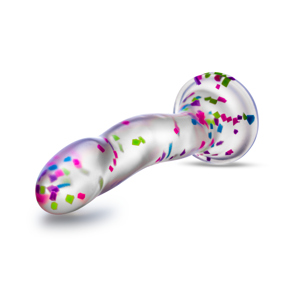 Glow-in-the-dark dildo with neon confetti, crafted from body-safe Purio™ silicone, featuring a curved design, suction base, and playful visual appeal. 
Keywords: glow-in-the-dark dildo, confetti dildo, silicone dildo, suction cup dildo, harness-compatible dildo, body-safe dildo, Purio silicone, G-spot dildo, P-spot dildo, fun adult toy. 