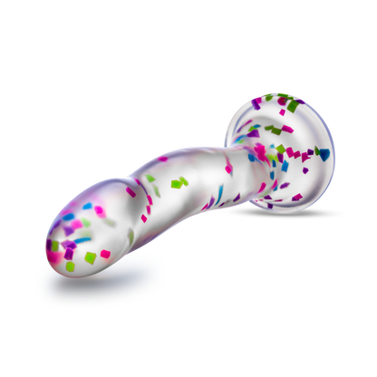 Glow-in-the-dark dildo with neon confetti, crafted from body-safe Purio™ silicone, featuring a curved design, suction base, and playful visual appeal. 
Keywords: glow-in-the-dark dildo, confetti dildo, silicone dildo, suction cup dildo, harness-compatible dildo, body-safe dildo, Purio silicone, G-spot dildo, P-spot dildo, fun adult toy. 