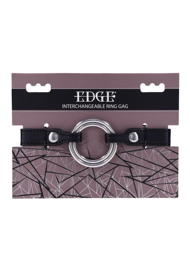 Edge Interchangeable Ring Gag with two stainless steel rings (1.5" and 2") and adjustable buckle for versatile BDSM play.