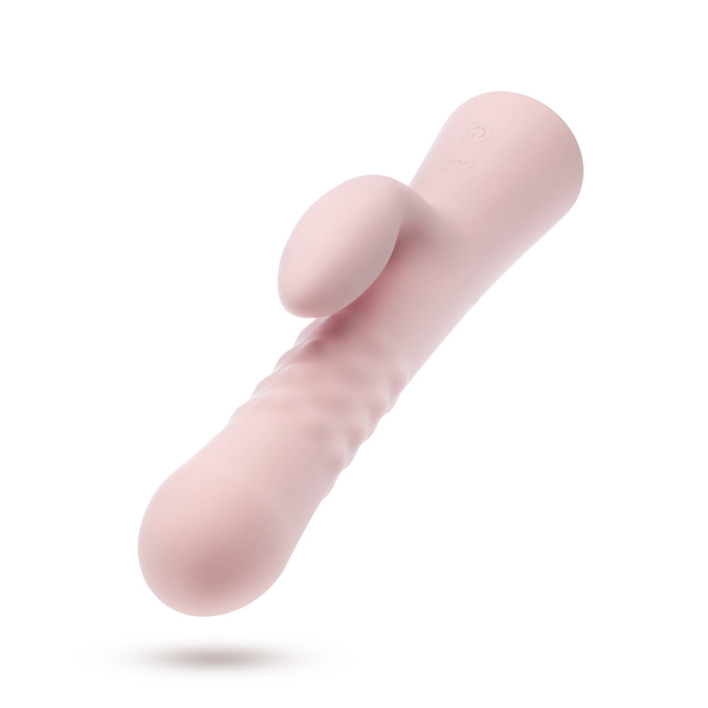 Pink rabbit vibrator with pulsating textured shaft, dual stimulation, and waterproof silicone design for G-spot and clitoral pleasure.
Keywords: rabbit vibrator, Jaymie vibrator, pulsating shaft, G-spot vibrator, clitoral stimulation, dual-stimulation vibrator, waterproof vibrator, USB rechargeable, platinum-cured silicone, soft silicone vibrator, expanding shaft, body-safe vibrator, 9.25-inch vibrator