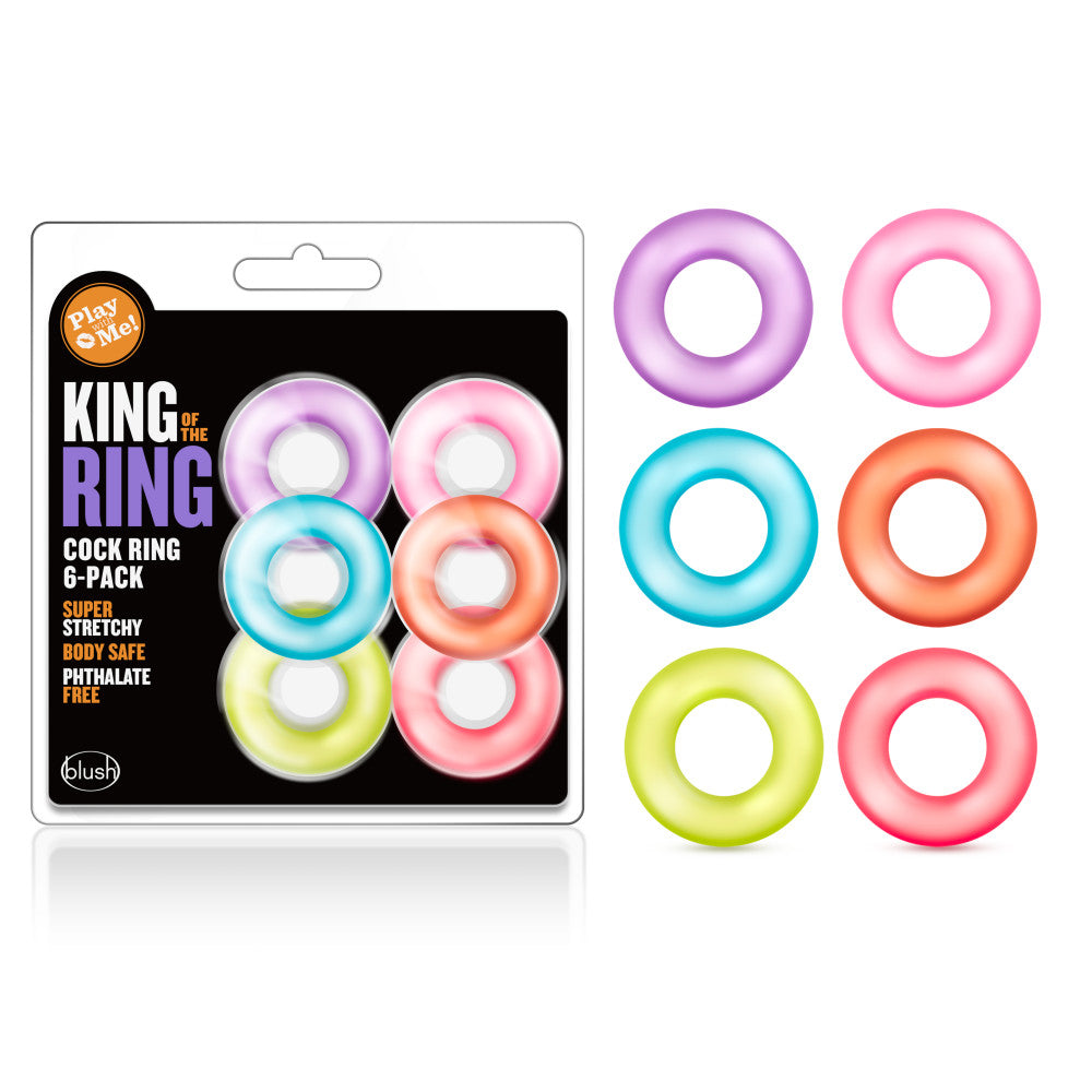 King of the Ring 6-pack stretchy cock rings in vibrant colors for longer, harder erections.

Keywords: King of the Ring, stretchy cock rings, no-pinch cock rings, stamina enhancer, reusable cock rings, body-safe TPE rings, multi-colored cock rings, erection enhancer, lube-safe cock rings, performance booster.