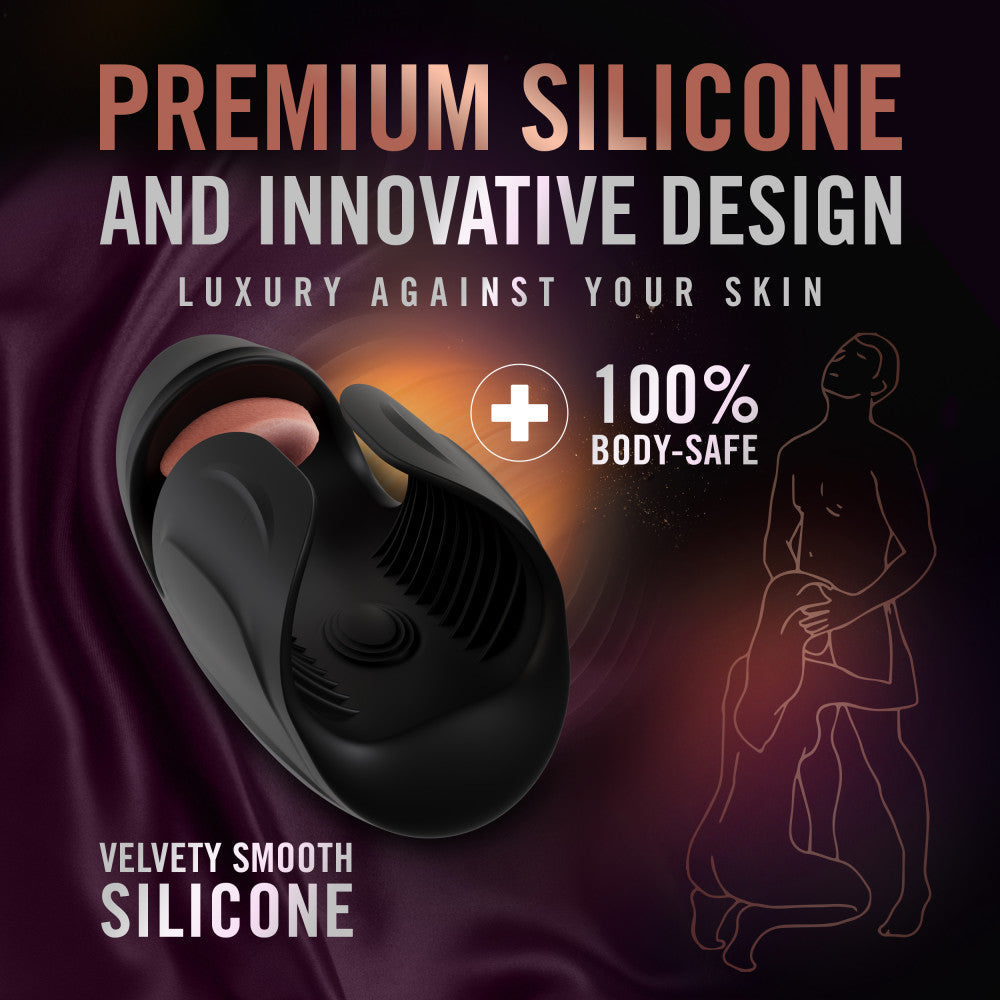 A sleek black penis stimulator with 10 tongue-teasing modes, pulsating shaft stimulation, and a ribbed taco wrap design. USB rechargeable and crafted from body-safe silicone. Keywords: vibrating penis stimulator, M For Men Lickety Split, tongue-teasing toy, pulsating vibration, ribbed wrap design, USB rechargeable stimulator, body-safe silicone, edging toy, male vibrator, black penis stimulator, customizable stimulation