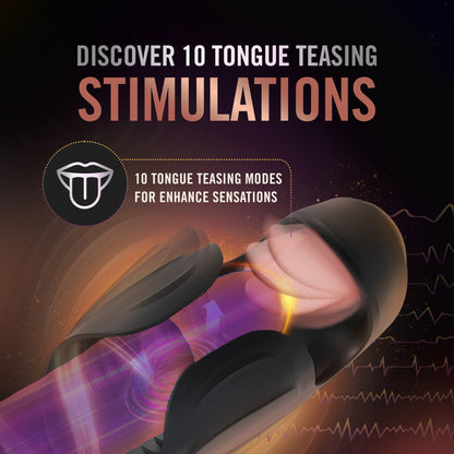 A sleek black penis stimulator with 10 tongue-teasing modes, pulsating shaft stimulation, and a ribbed taco wrap design. USB rechargeable and crafted from body-safe silicone. Keywords: vibrating penis stimulator, M For Men Lickety Split, tongue-teasing toy, pulsating vibration, ribbed wrap design, USB rechargeable stimulator, body-safe silicone, edging toy, male vibrator, black penis stimulator, customizable stimulation