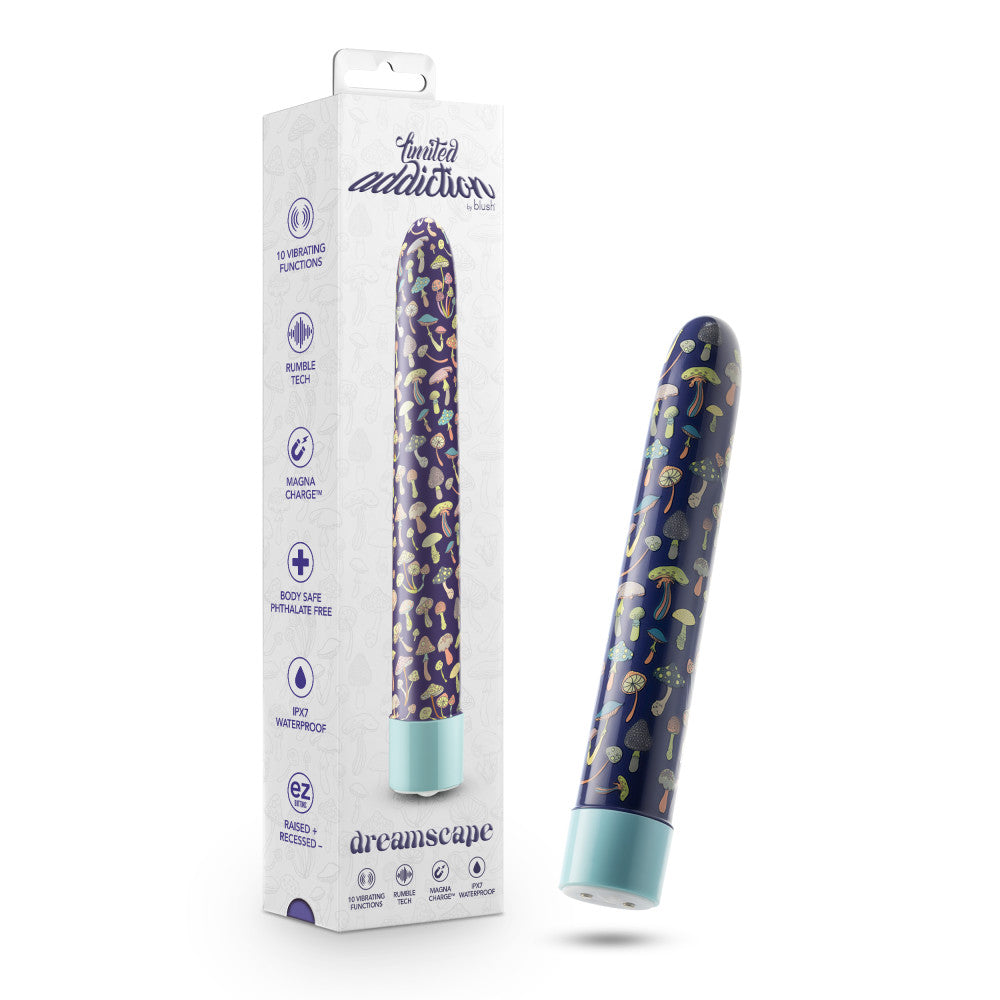 A set of three vibrators featuring psychedelic teal, mushroom-themed blue, and floral cannabis purple designs with customizable vibrations and waterproof functionality.

Keywords: psychedelic vibrator, slimline G-spot vibrator, RumbleTech vibrator, mushroom design vibrator, cannabis-inspired vibrator, waterproof sex toy, USB rechargeable vibrator, colorful vibrator, body-safe sex toy, stylish vibrators.