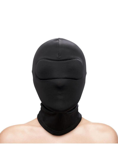 Black and white closed sensory deprivation hoods made from soft nylon, designed for bondage and sensory play. Keywords: closed BDSM hood, sensory deprivation hood, bondage hood, fetish hood, nylon BDSM hood, black hood, white fetish hood, bondage play hood, kink gear, BDSM accessories