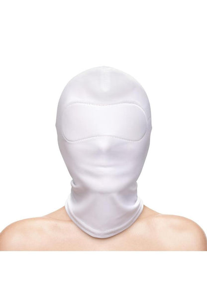 Black and white closed sensory deprivation hoods made from soft nylon, designed for bondage and sensory play. Keywords: closed BDSM hood, sensory deprivation hood, bondage hood, fetish hood, nylon BDSM hood, black hood, white fetish hood, bondage play hood, kink gear, BDSM accessories