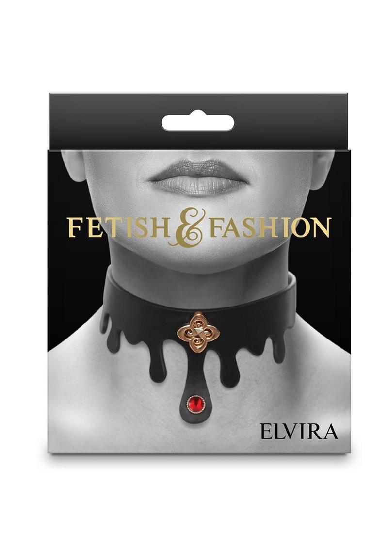 Black dripping-style day collar with a ruby jewel and gold charm, made from PU leather with nickel-free hardware, adjustable for neck sizes 11.5 to 17.5 inches. Keywords: Elvira Day Collar, fetish fashion, BDSM collar, dripping design, ruby jewel, gold charm, adjustable fit, PU leather, nickel-free hardware, gothic style, bondage collar, day collar, leash compatible, fetish-inspired accessories, elegant BDSM accessories.