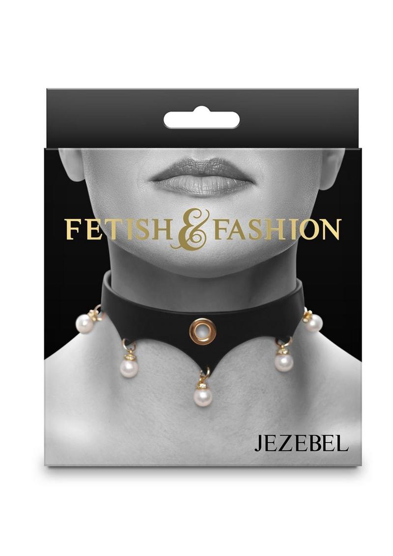 Black collar with gold accents, dangling pearls, and an O-ring centerpiece, made from PU leather and nickel-free hardware, adjustable for neck sizes 11.5 to 16 inches. Keywords: Jezebel Collar, gold accents, dangling pearls, O-ring collar, adjustable collar, PU leather, nickel-free hardware, BDSM collar, luxury bondage collar, elegant day collar, leash compatible, fetish accessories, submissive collar, Fetish & Fashion collar, fashion-inspired BDSM.