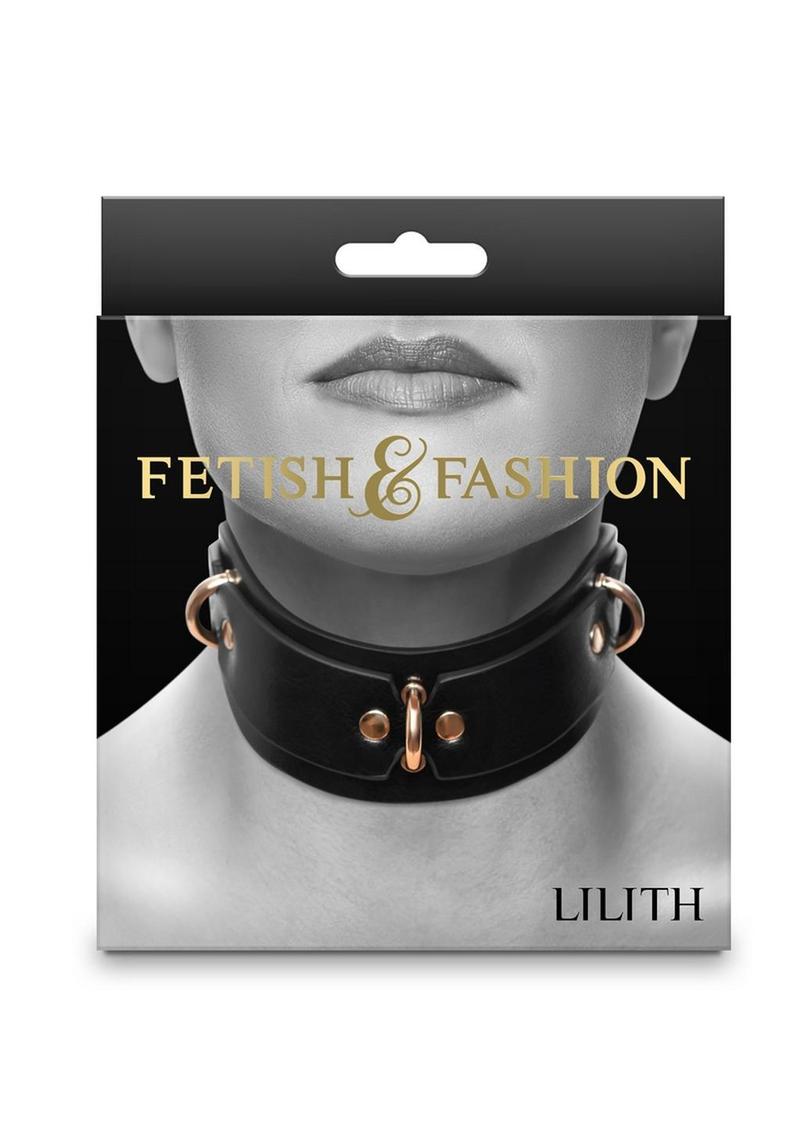 Black BDSM collar with red lining, three D-rings, adjustable buckle closure, crafted from PU leather and nickel-free hardware, designed for neck sizes 11.5 to 16 inches. Keywords: Lilith Collar, black and red collar, BDSM collar, D-ring collar, adjustable fit, PU leather, nickel-free hardware, dominant collar, submissive collar, fetish collar, day collar, restraint-compatible collar, Fetish & Fashion, luxury BDSM accessories.