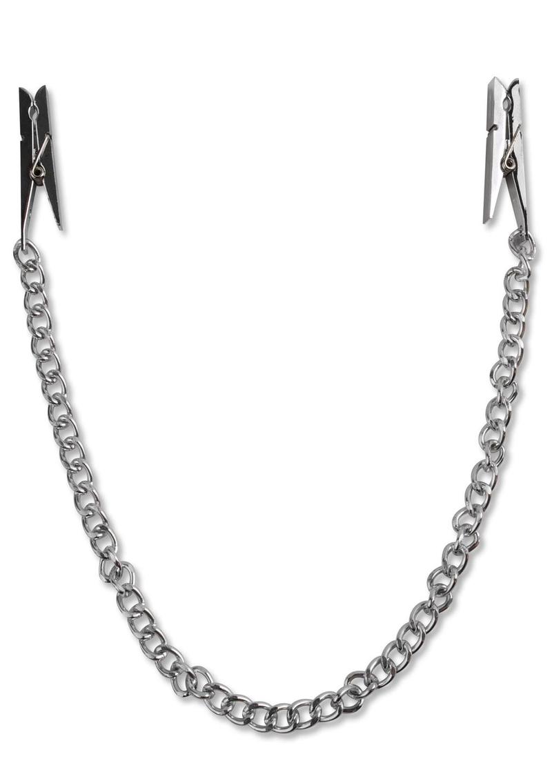 Fetish Fantasy Series Nipple Chain Clips Silver with 11.5-inch chain and non-adjustable clothes-pin ends for daring nipple play